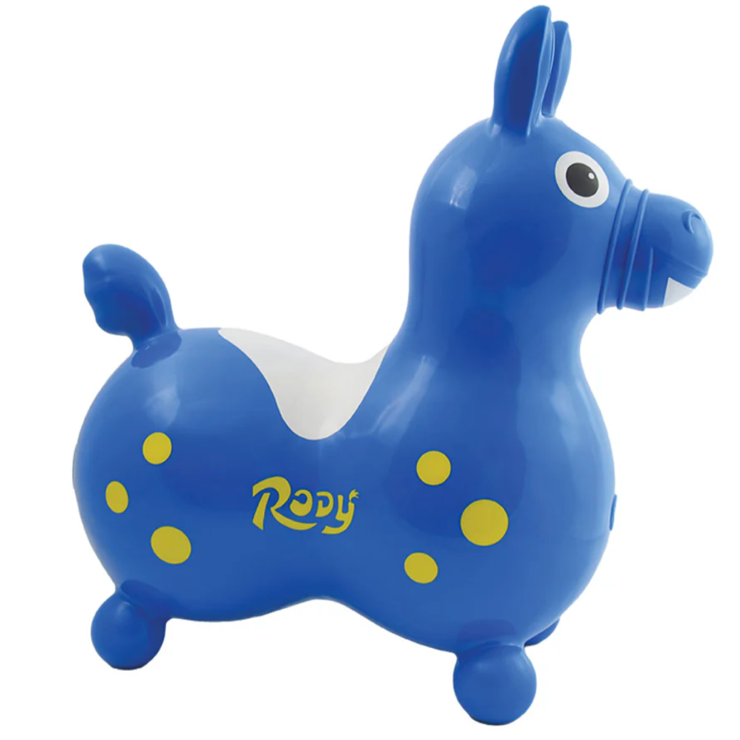Blue inflatable ride-on toy horse for kids promoting balance and coordination, made from durable vinyl.
