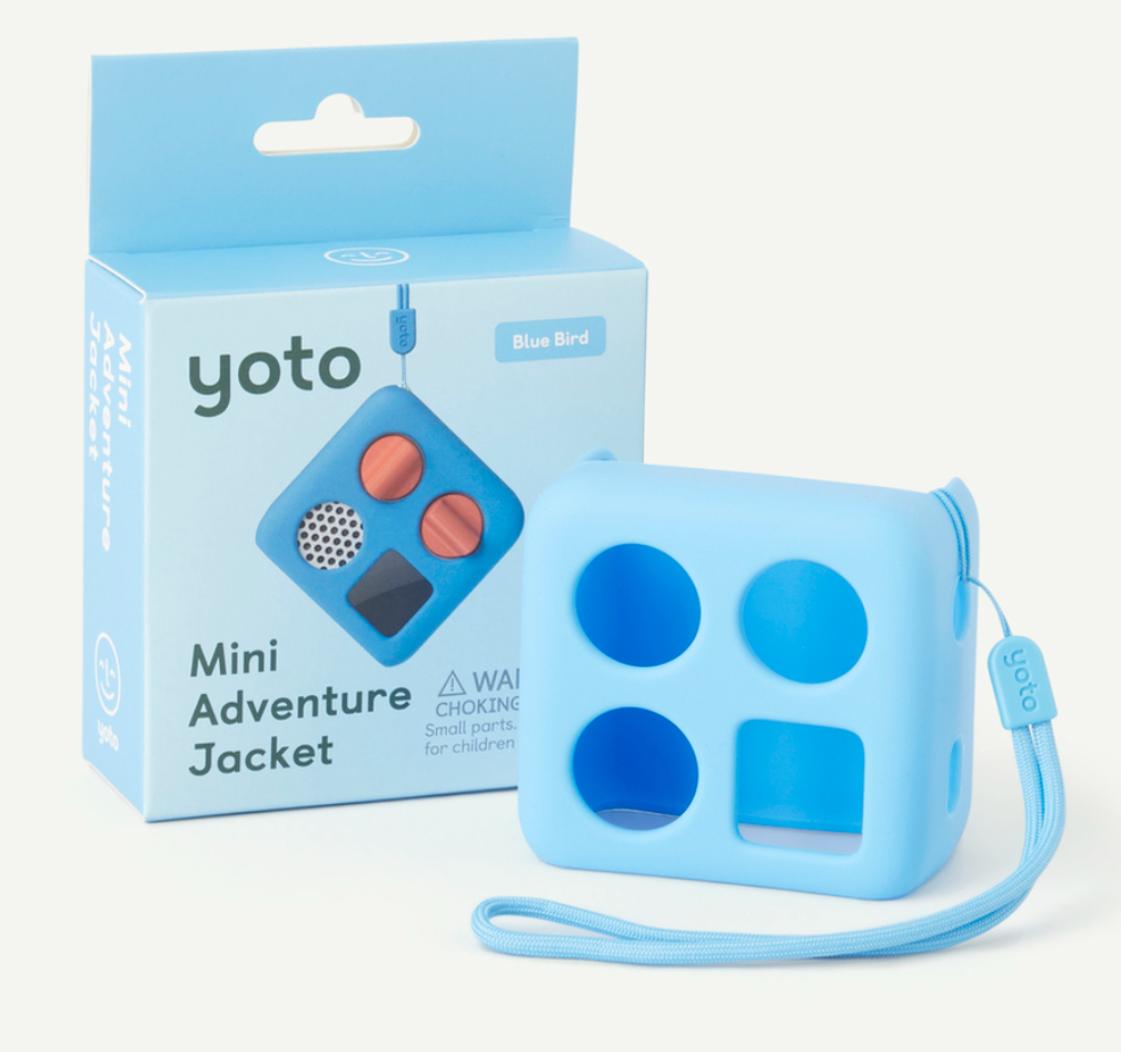 Yoto Mini Adventure Jacket Blue Bird in light blue with packaging and wrist strap, perfect for kids.