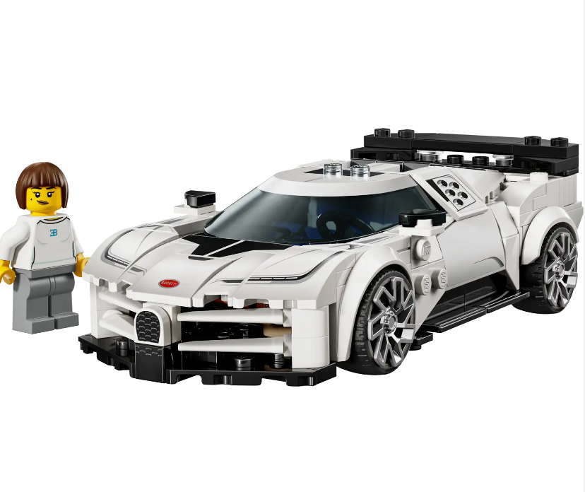 LEGO Speed Bugatti Centodieci model showcasing detailed white hyper sports car with mini-figure for kids aged 9 and up.