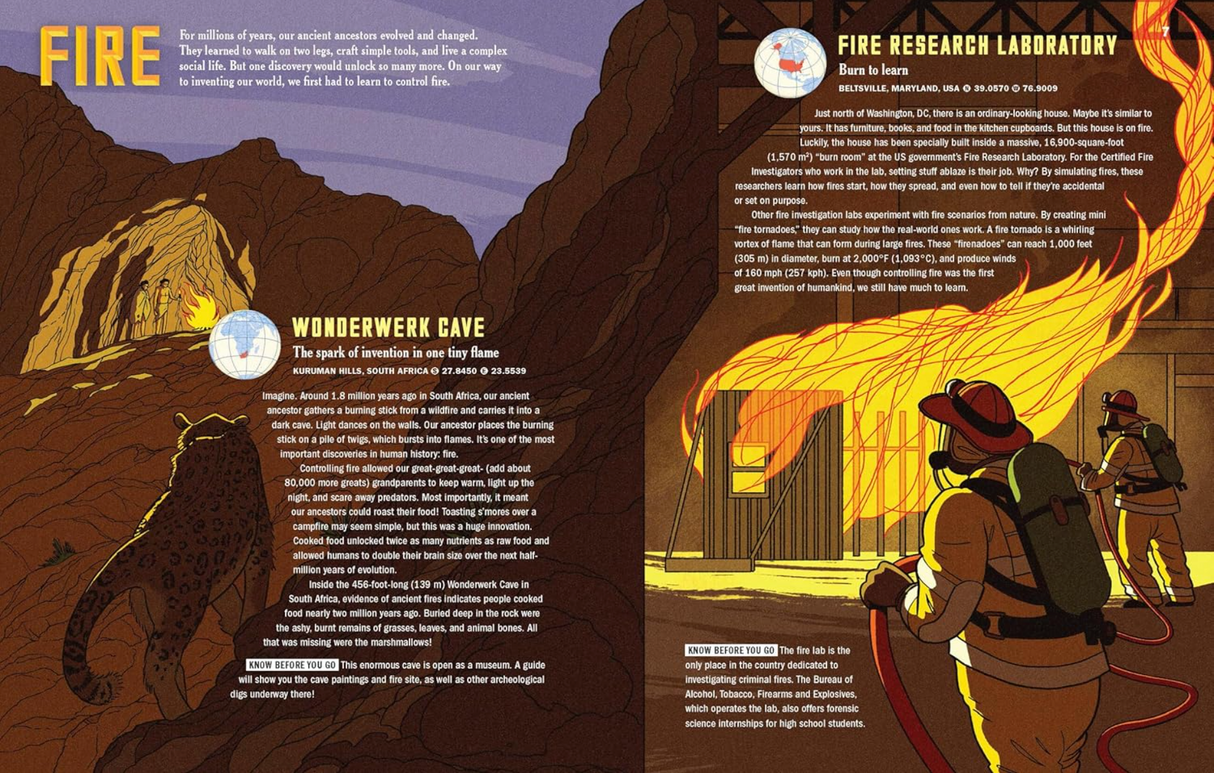 Atlas Obscura Explorer's Guide to Inventing the World showing fire invention and Wonderwerk Cave exploration for kids.