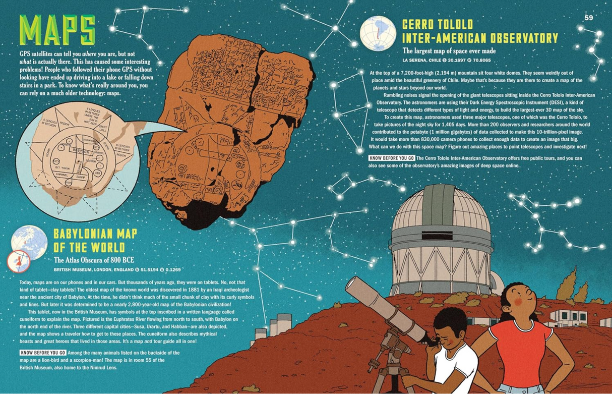 Atlas Obscura Explorer's Guide to Inventing the World spread showing the Babylonian map and Cerro Tololo Observatory.