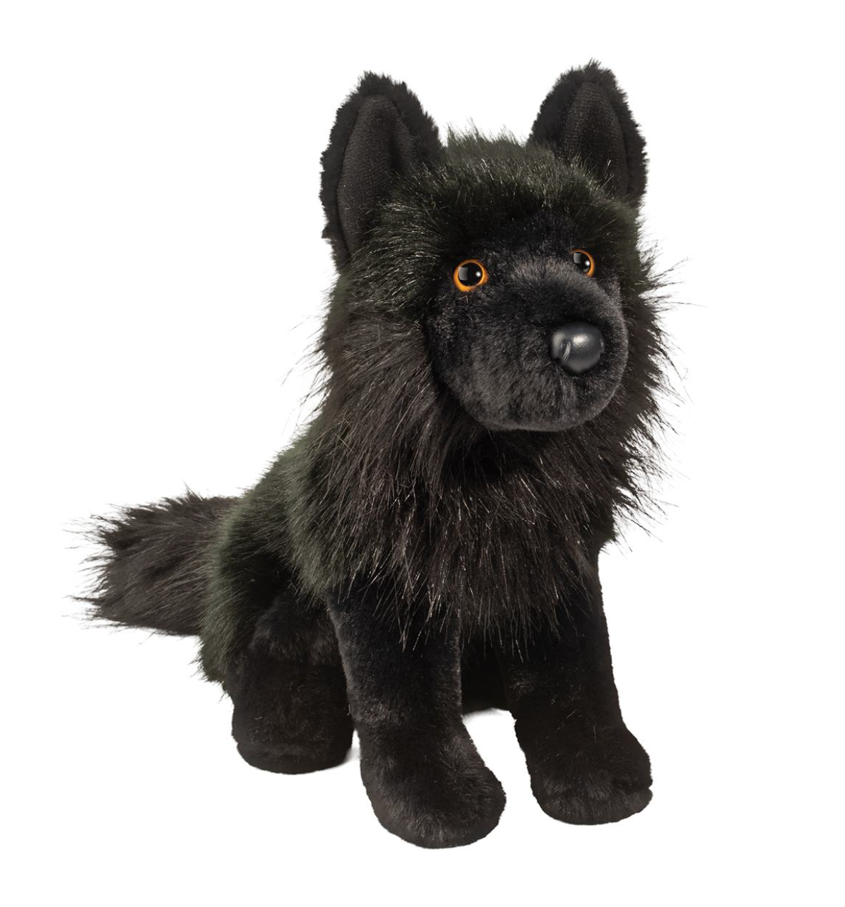 Soft plush black wolf toy with glowing amber eyes sitting calmly and looking forward as a loyal companion