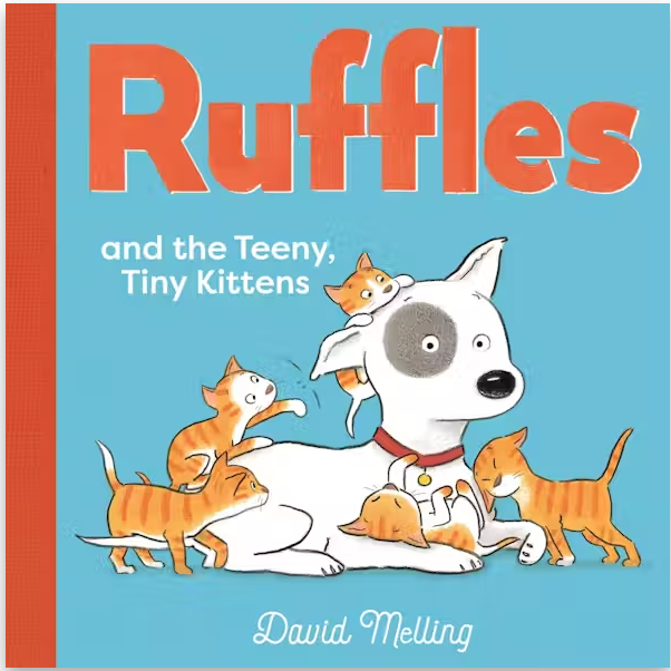 Cover of a children's board book showing a white dog named Ruffles surrounded by playful orange kittens on a blue background