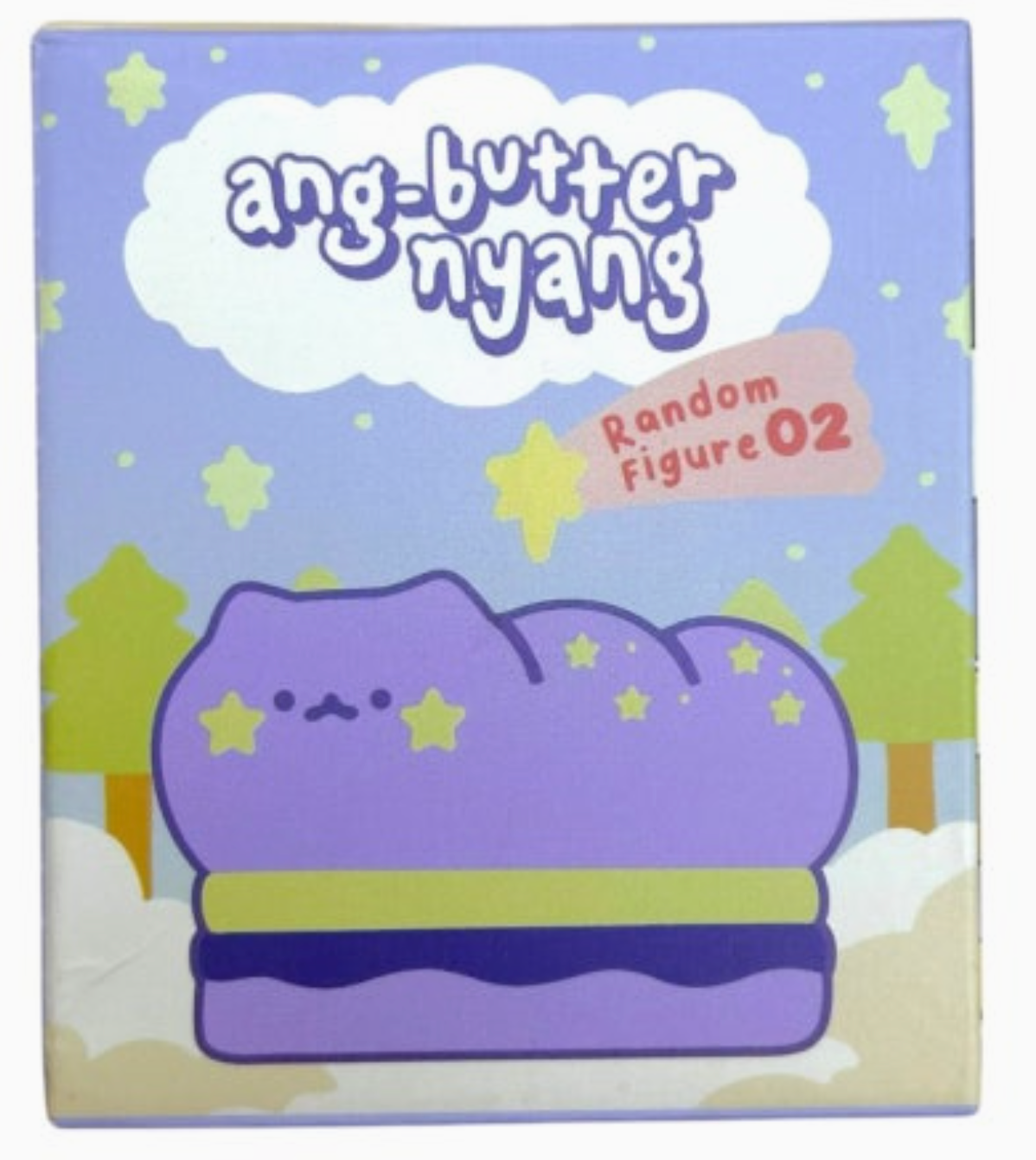 Pastel purple cat figure shaped like a dessert bun with star decorations on a blue and green background box.