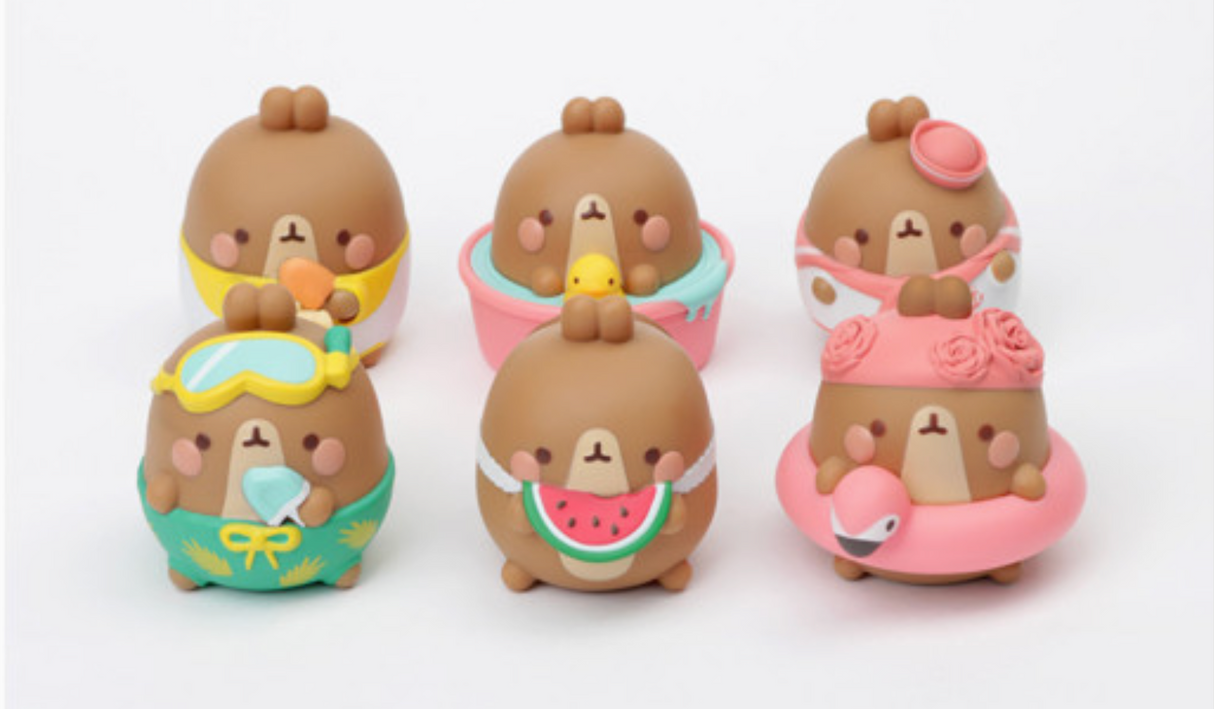 Six cute brown Molang figures dressed in colorful summer beach outfits and accessories on white background