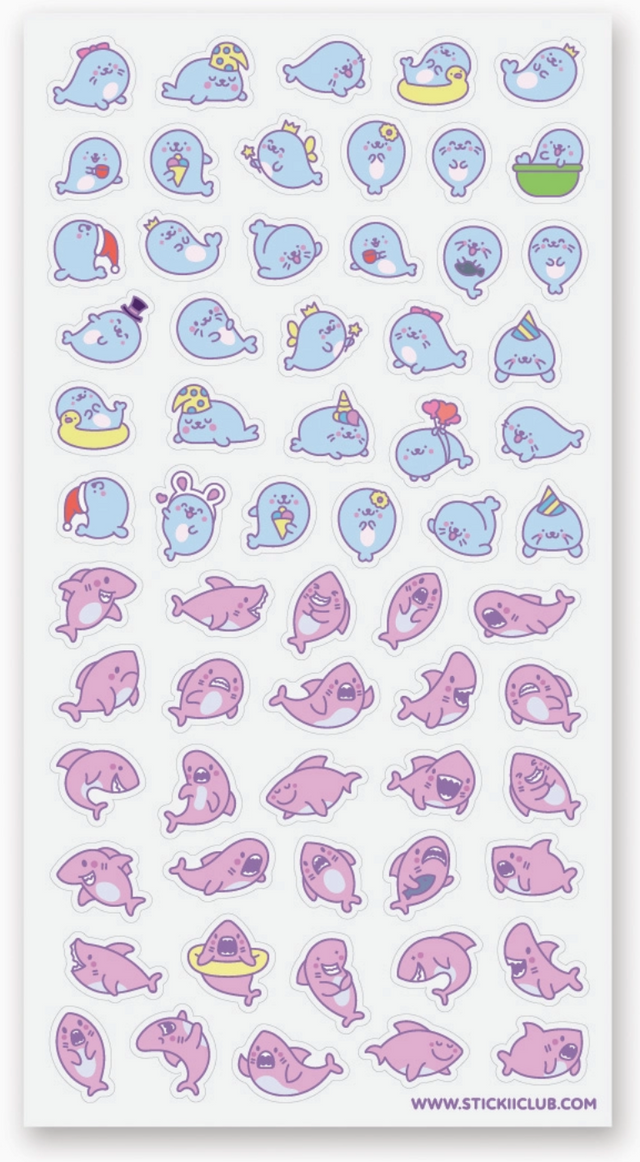 Sheet of kawaii style blue seal and pink shark stickers with playful expressions and cute accessories