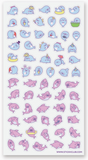 Sheet of kawaii style blue seal and pink shark stickers with playful expressions and cute accessories