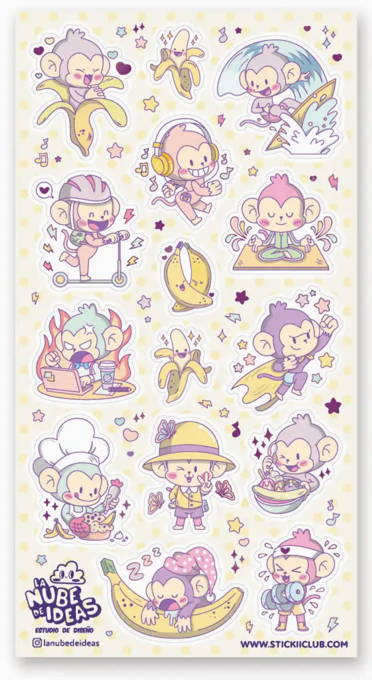 Cute cartoon monkey stickers showing various playful and adventurous activities with bananas and fun expressions