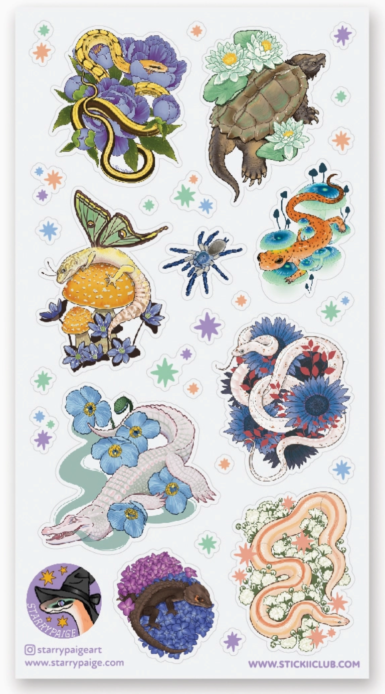 Colorful reptile stickers featuring a snake, turtle, salamander, spider, lizard, and floral designs on a white background