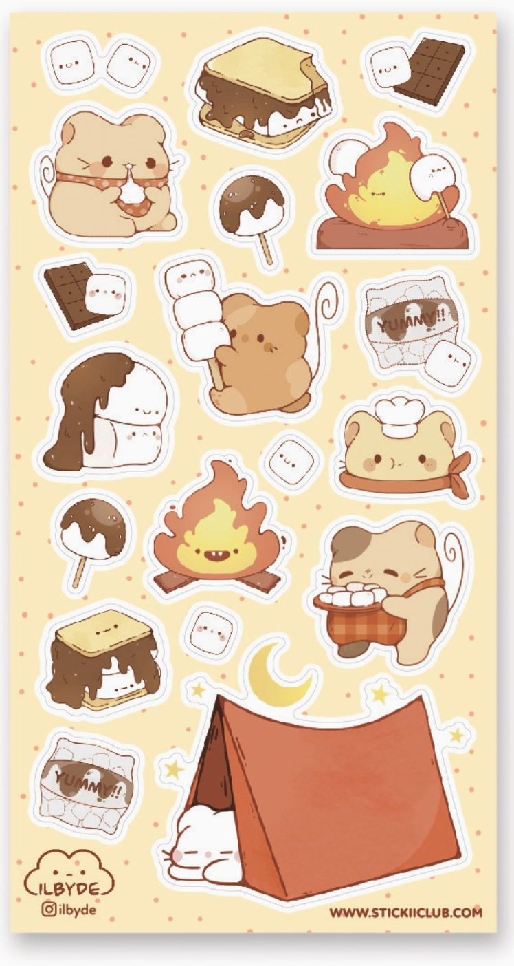 Cute illustrated stickers featuring hamsters, marshmallows, s’mores, campfire, and a cozy camping scene