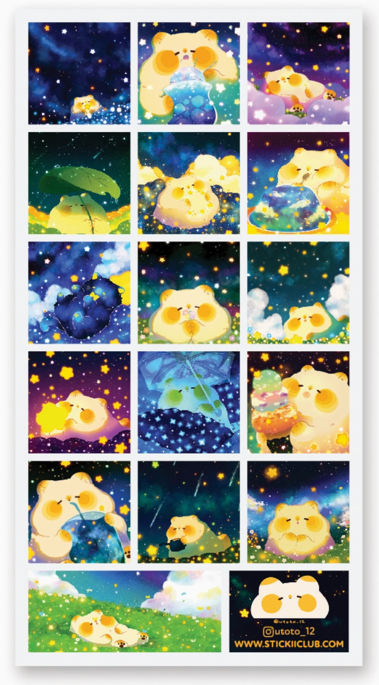 Cute yellow bear stickers with starry night and galaxy-themed backgrounds in various whimsical poses and activities