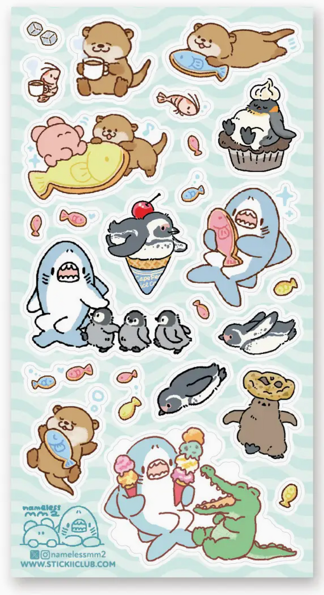 Cute ocean-themed stickers featuring otters, sharks, penguins, and an alligator with playful treats and fish designs