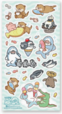 Cute ocean-themed stickers featuring otters, sharks, penguins, and an alligator with playful treats and fish designs