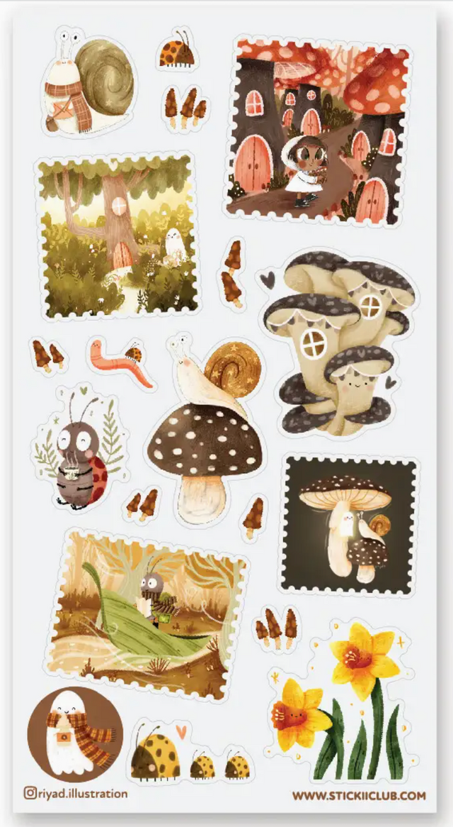 Whimsical woodland stickers featuring mushrooms, cute creatures, flowers, and forest scenes in warm earthy tones