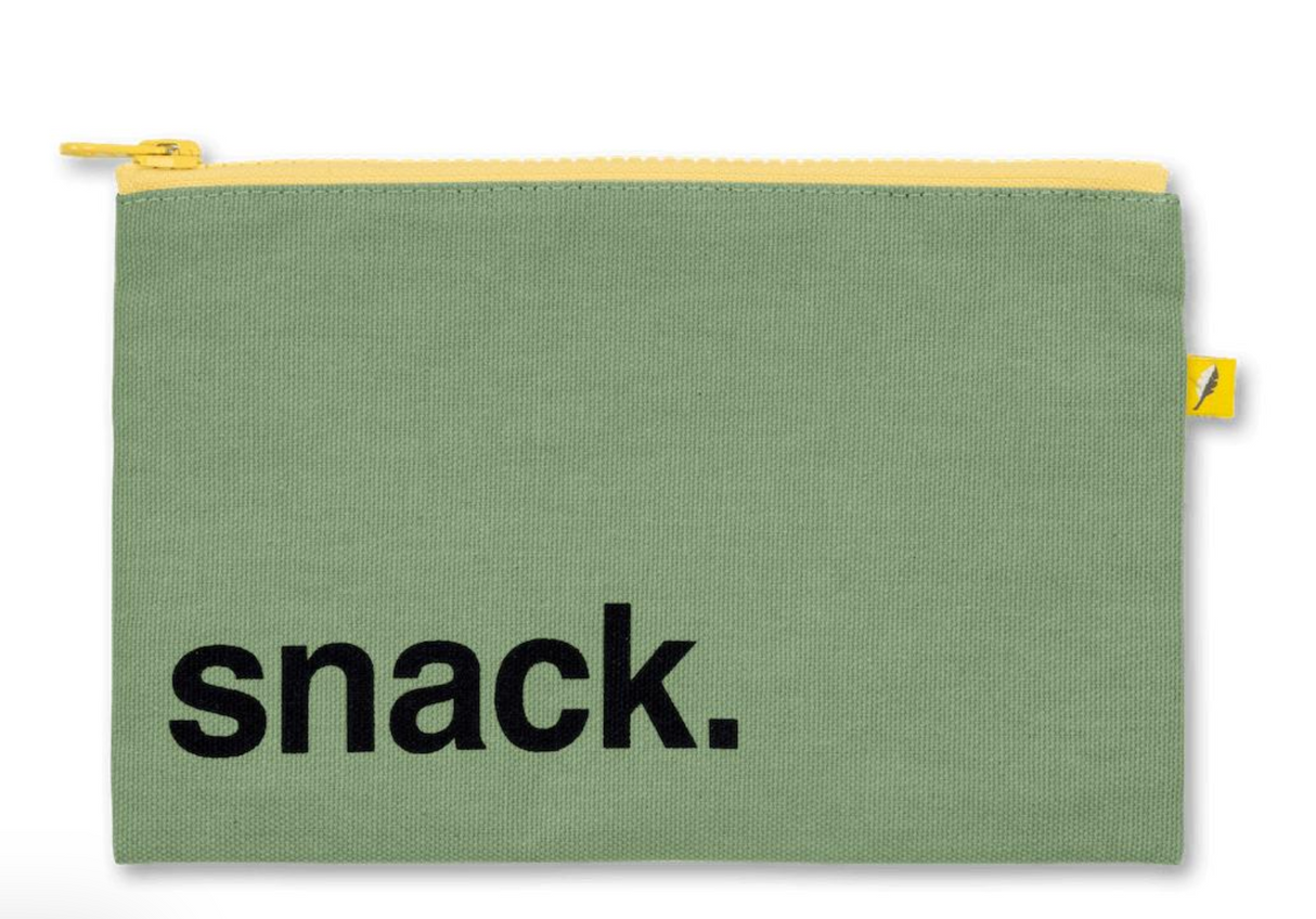 Reusable green fabric snack bag with yellow zipper and black text snack for eco-friendly storage