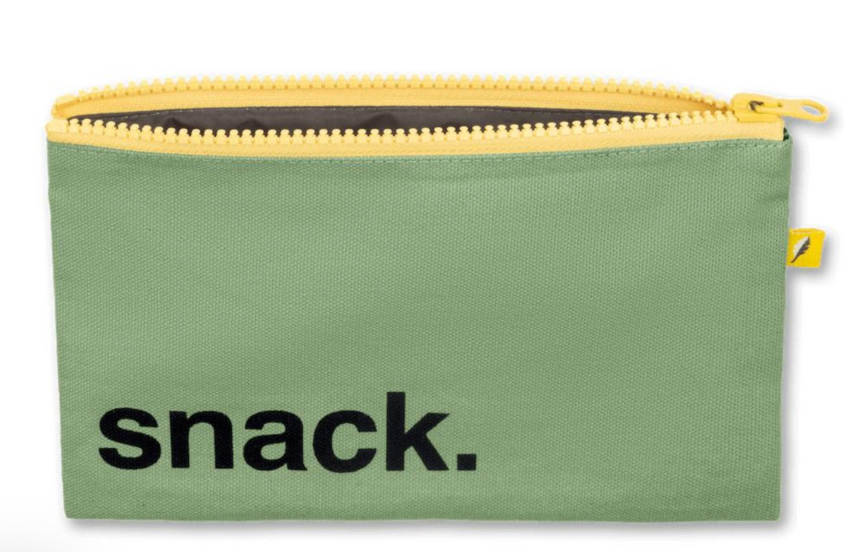 Reusable moss green snack bag with yellow zipper, roomy and safe for food storage, easy to clean and eco-friendly