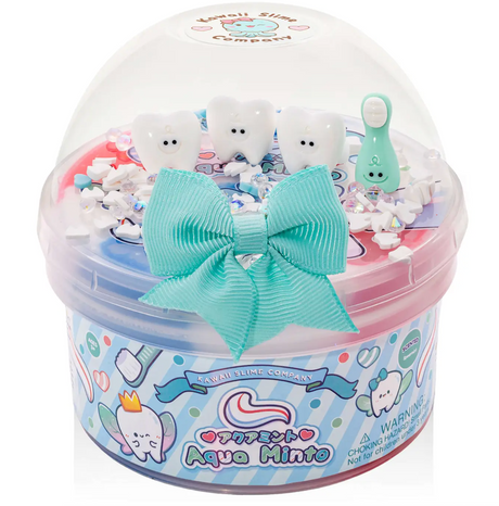 Clear slime container with red, white, and blue swirled slime, tooth charms, toothbrush figure, and turquoise bow on lid