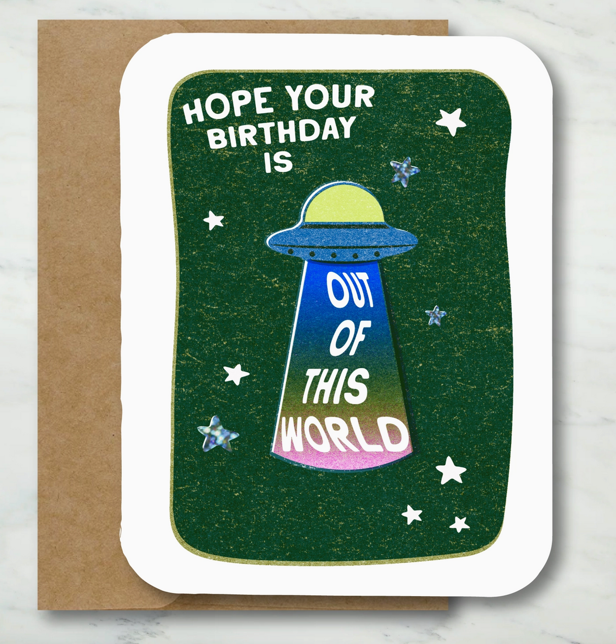 Birthday card with UFO design and "Hope your birthday is out of this world" text on dark green background