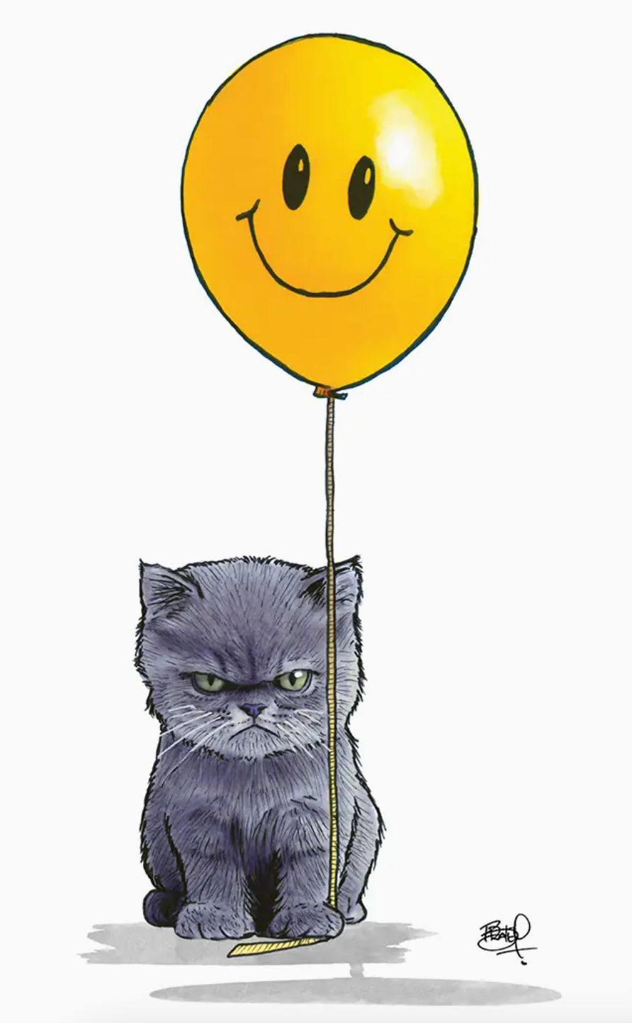 Illustration of a grumpy gray cat holding a yellow smiling face balloon on a white background.