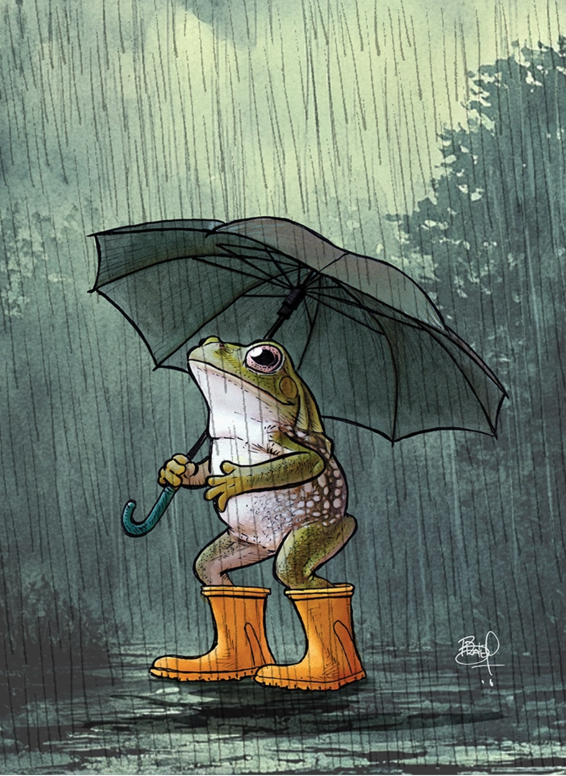Illustration of a frog wearing orange rain boots and holding an umbrella in a rainy forest setting