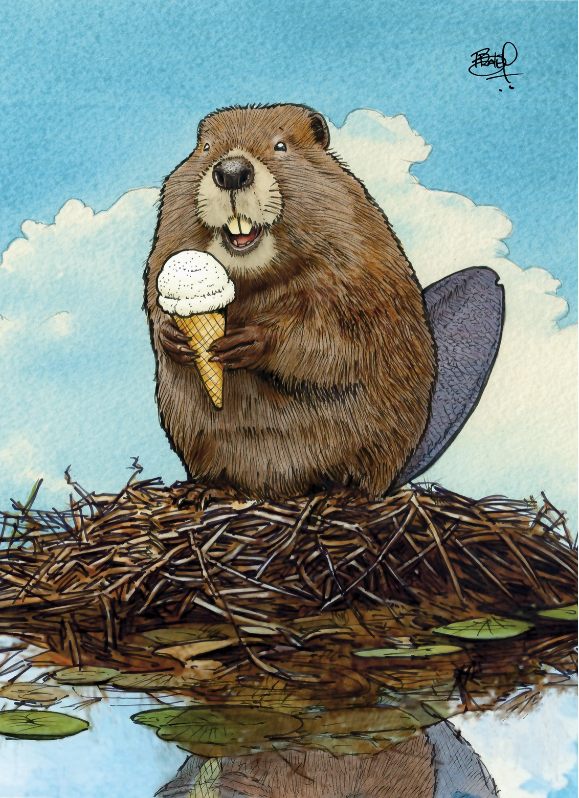 Illustration of a cheerful beaver holding an ice cream cone while sitting on a lodge by the water under a blue sky
