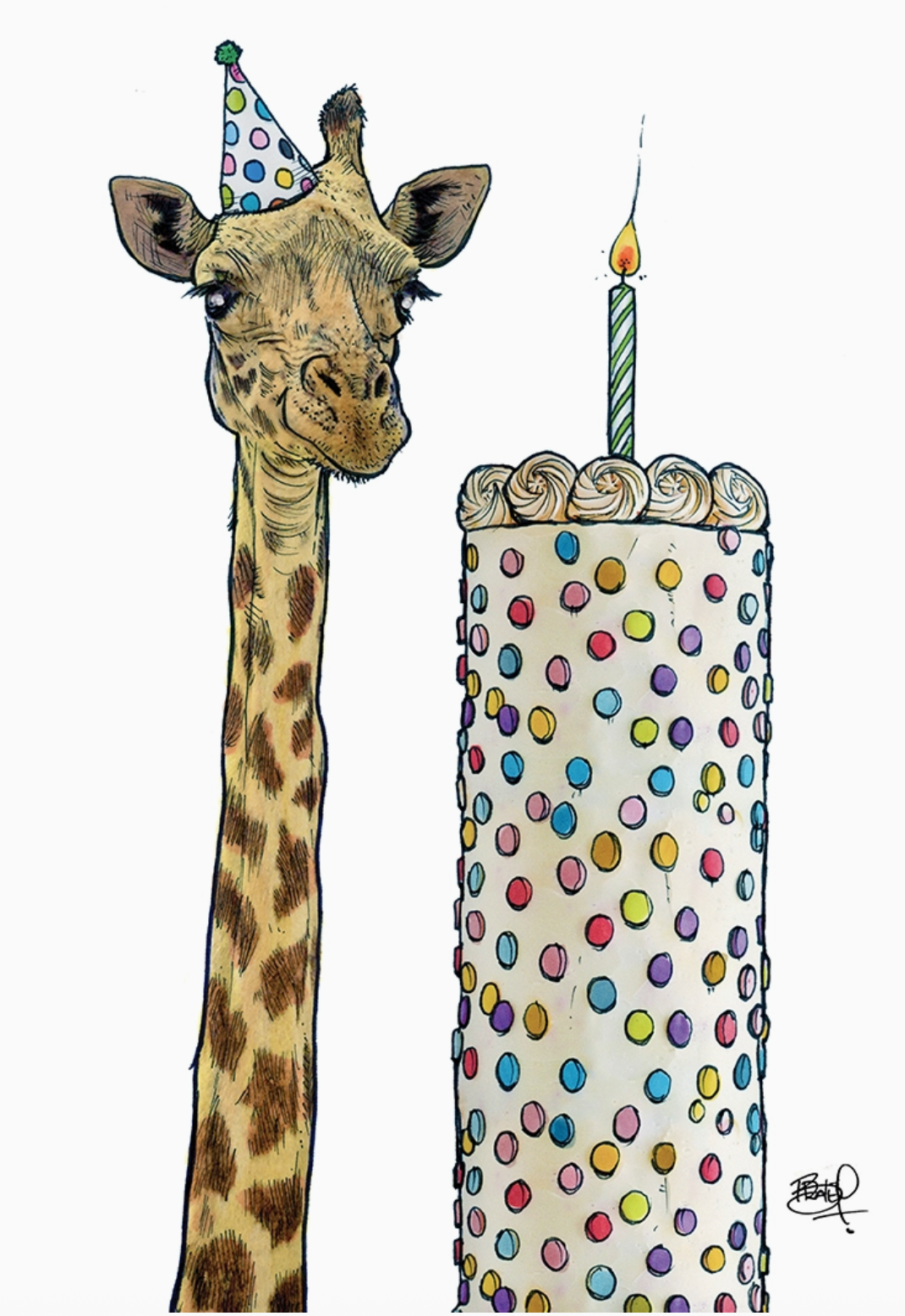 Illustration of a tall giraffe wearing a party hat next to a highrise birthday cake with one lit candle on top