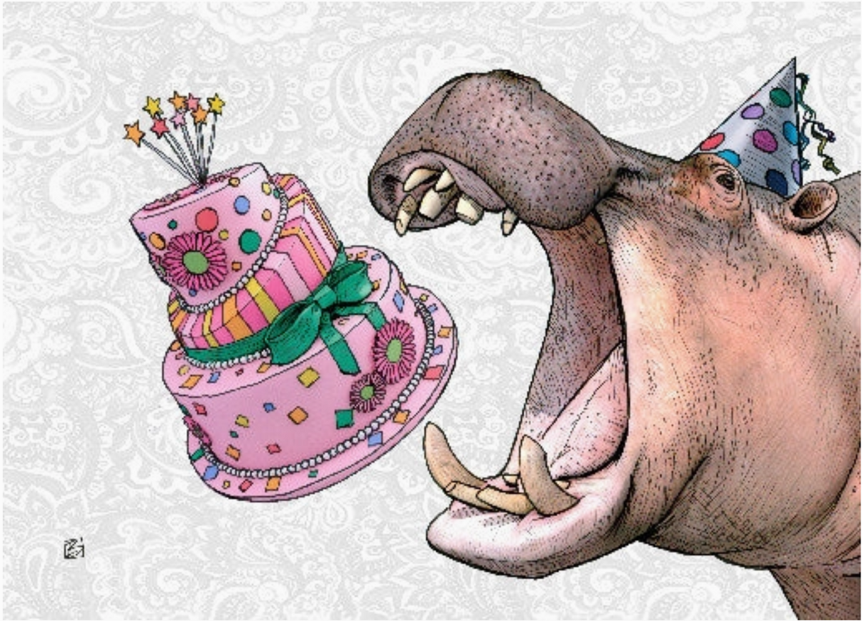 Illustration of a hippo wearing a party hat with mouth open near a pink decorated birthday cake floating in the air