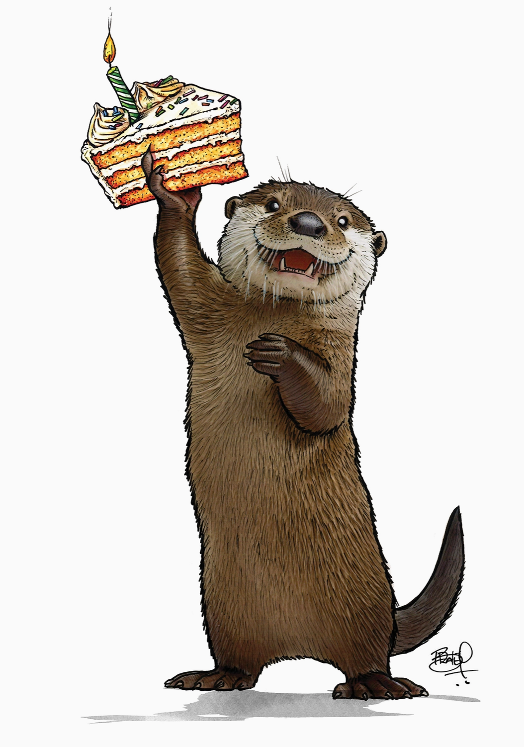 Illustration of a happy otter holding a slice of birthday cake with a lit candle on top on a white background.