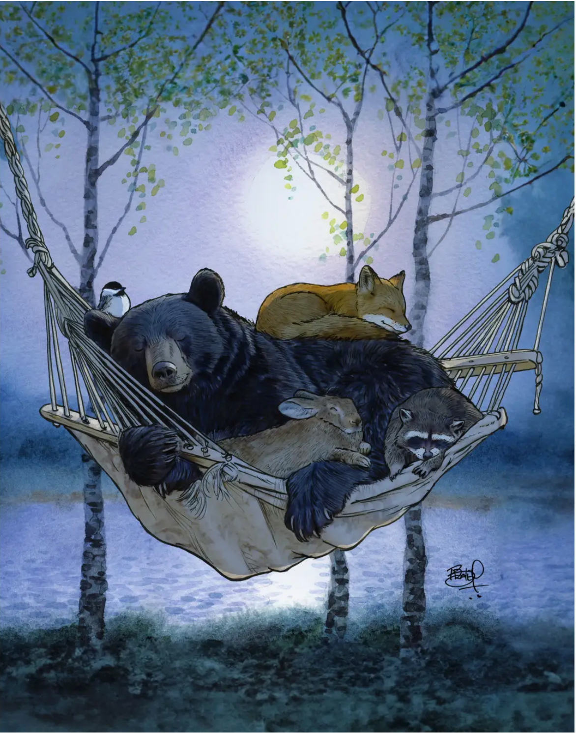 Illustration of a bear, fox, rabbit, raccoon, and bird peacefully sleeping together in a hammock under a moonlit night.