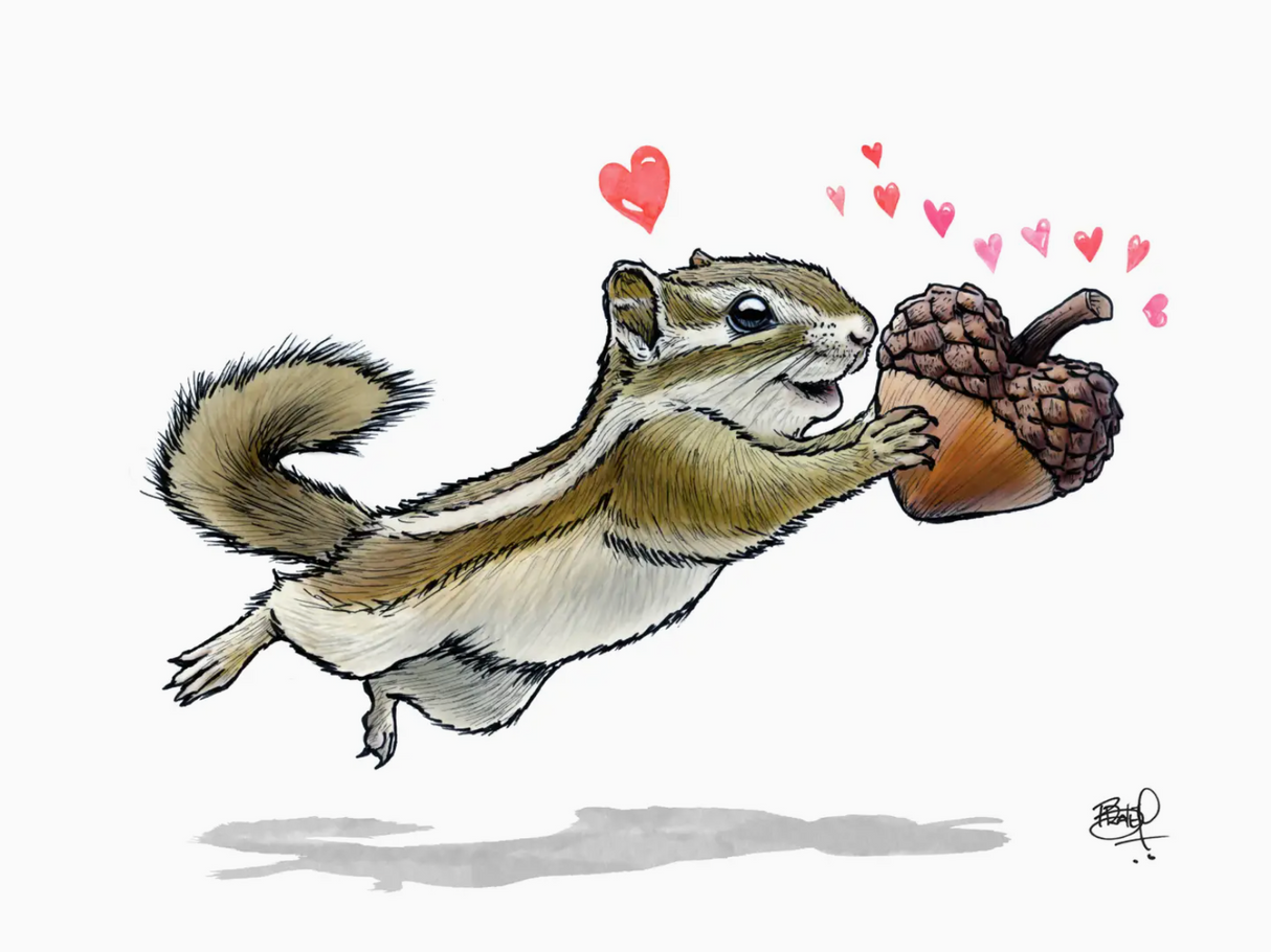 Illustration of a joyful chipmunk leaping with a large acorn shaped like a heart surrounded by small pink hearts
