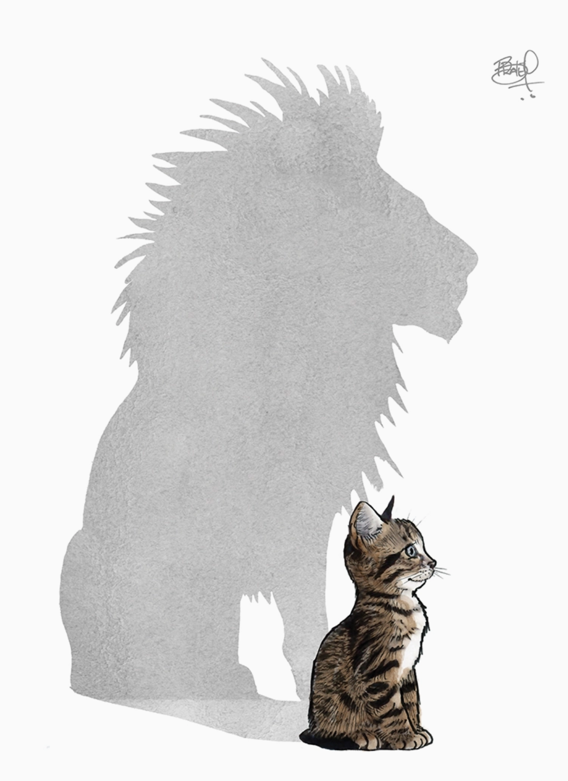Illustration of a small tabby cat casting a large lion shadow on a white background
