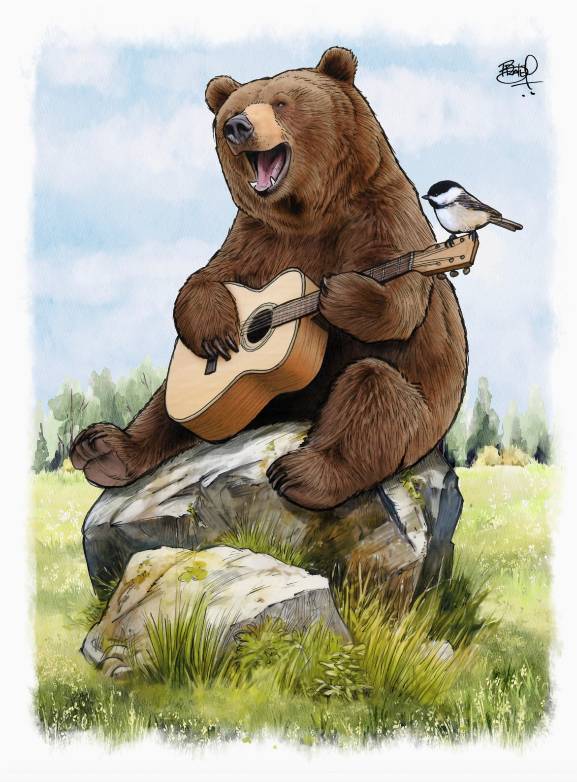 Illustration of a happy bear sitting on a rock strumming a guitar with a small bird perched on the guitar neck outdoors.