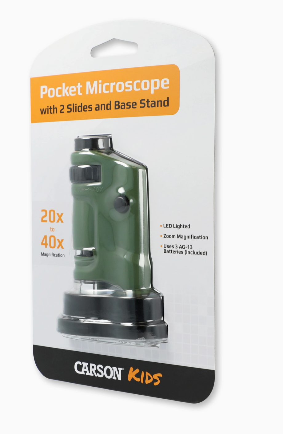 Compact green pocket microscope with LED light, 20x to 40x magnification, two slides, and base stand in packaging