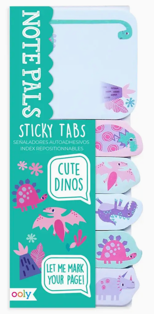 Colorful dinosaur-themed sticky tabs for organizing notes, bookmarks, and reminders with playful designs.