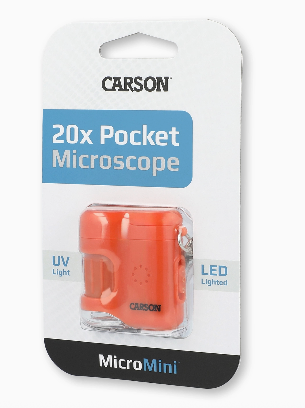 Carson MicroMini 20x pocket microscope with UV light and LED flashlight in orange keychain design