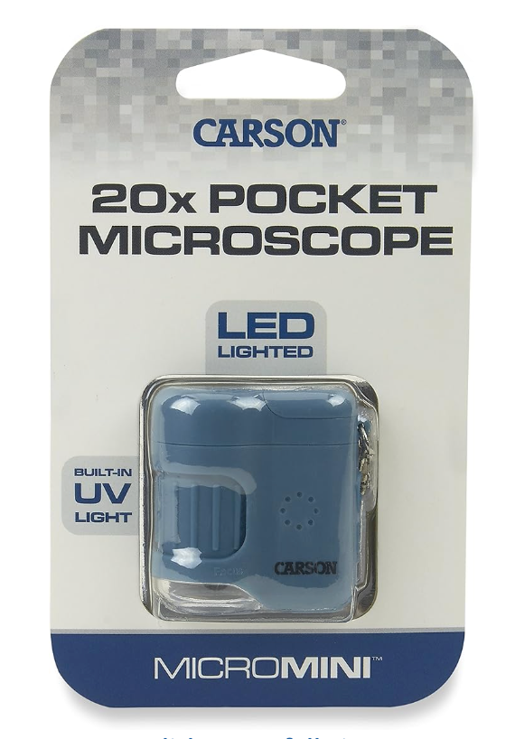 Carson MicroMini compact 20x pocket microscope with built-in UV and LED light for easy portable use