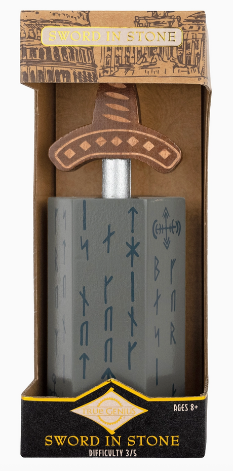 Sword in Stone brainteaser puzzle with wooden hilt and stone base featuring ancient rune designs in packaging.