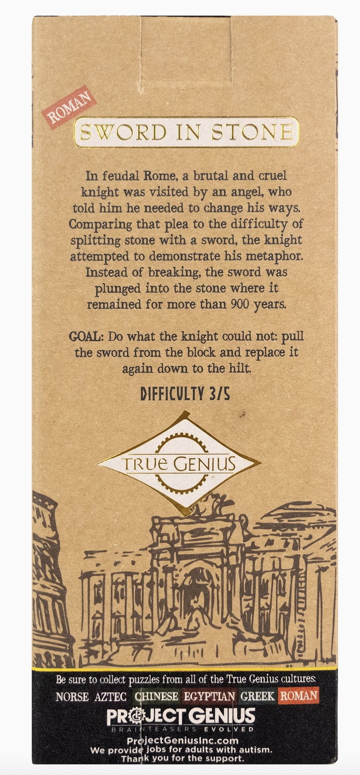 True Genius Sword in Stone puzzle packaging with Roman theme and challenge description on brown cardboard background