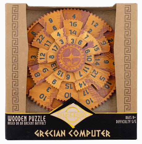 Wooden Grecian Computer Puzzle with numbered dials designed to challenge and engage ages 8 and up in a math-based game