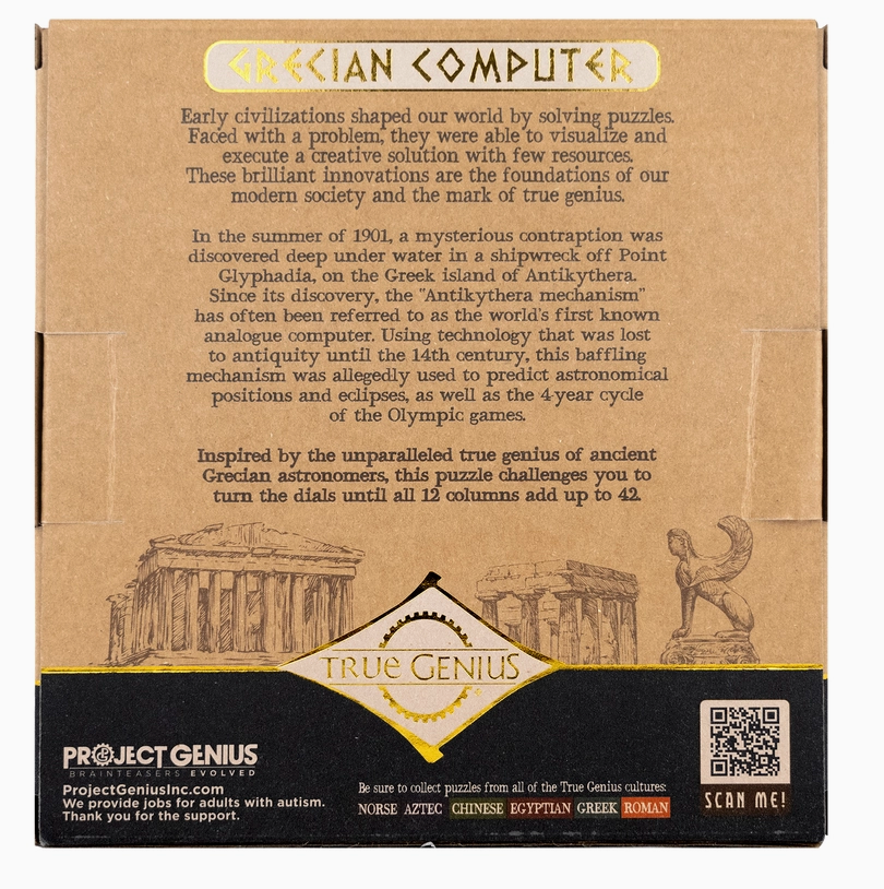 Back of True Genius Grecian Computer Puzzle box with text and illustrations of ancient Greek landmarks and figures