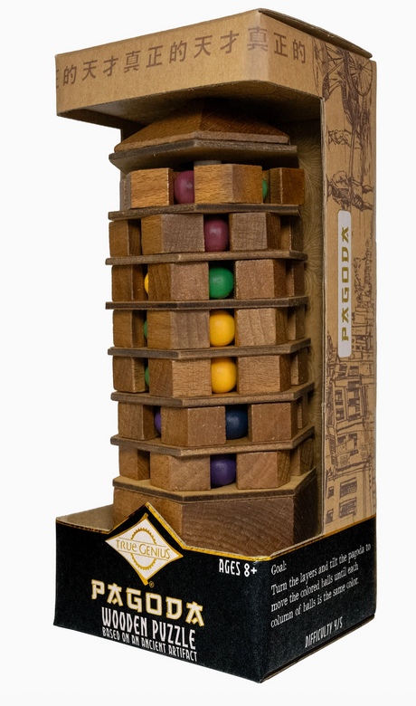 Wooden Chinese pagoda puzzle with colorful balls in tiers, designed for ages eight and up to solve by aligning colors in columns