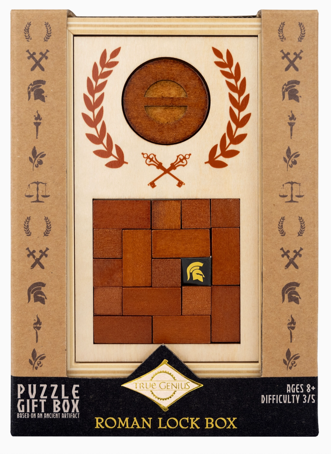 Wooden Roman lock box puzzle with sliding pieces and ancient-inspired design elements in decorative packaging