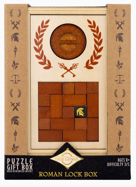 Wooden Roman lock box puzzle with sliding pieces and ancient-inspired design elements in decorative packaging