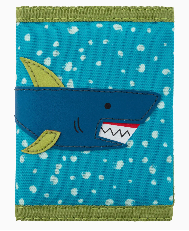 Blue trifold kid’s wallet with appliquéd shark design and green trim, made from durable fabric with coin and mesh pockets