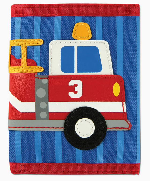 Colorful trifold kid’s wallet with appliquéd firetruck design on blue striped background and red trim