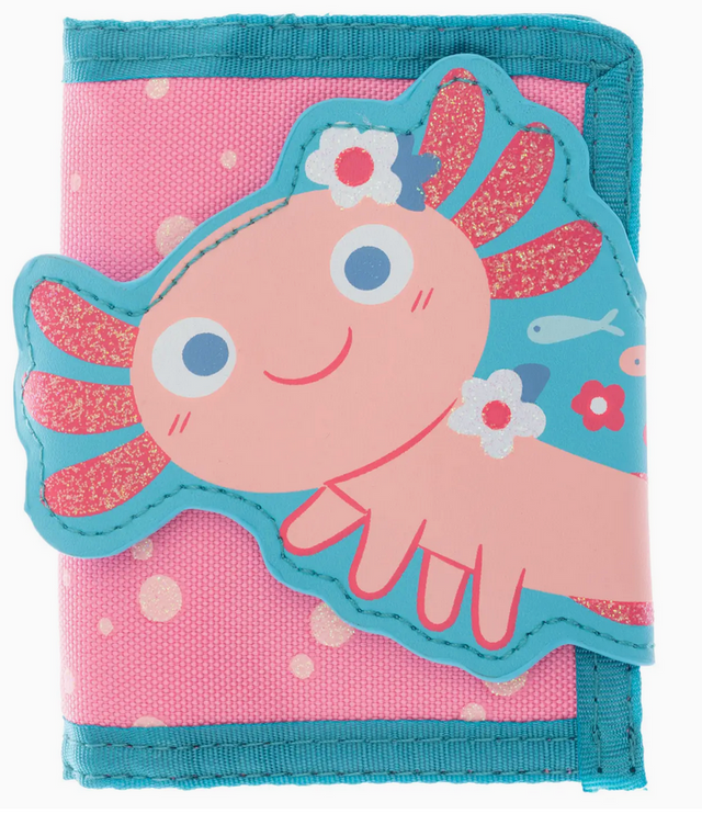Pink and blue kids trifold wallet featuring a smiling axolotl design with glitter accents and flower details.