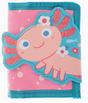 Pink and blue kids trifold wallet featuring a smiling axolotl design with glitter accents and flower details.