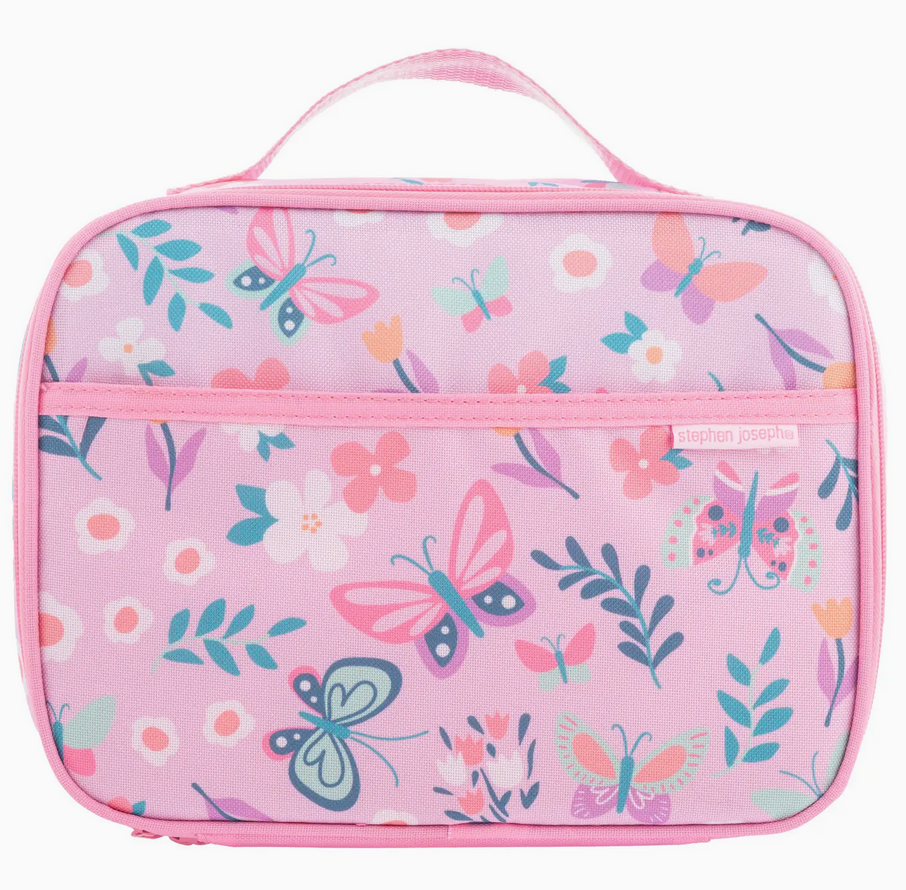 Lilac butterfly junior lunchbox with flowers and handle, insulated and easy to clean for kids’ lunchtime.