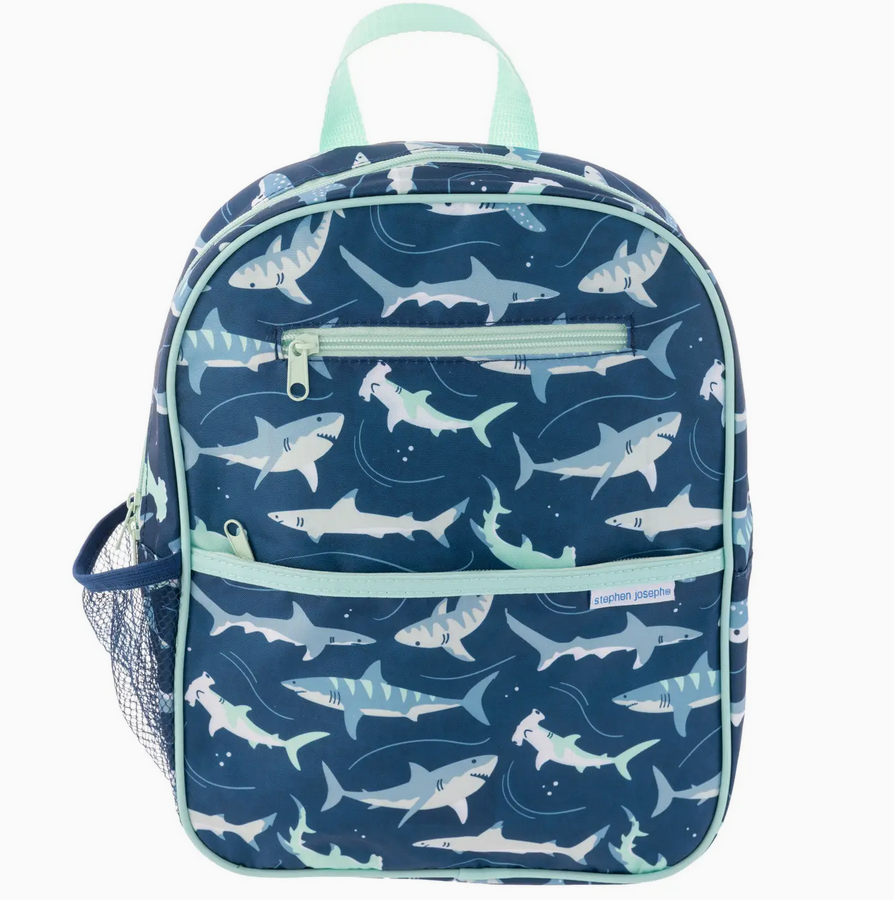 Junior backpack with fun shark print, padded back, adjustable straps, and multiple zippered pockets for kids ages 3 to 6.