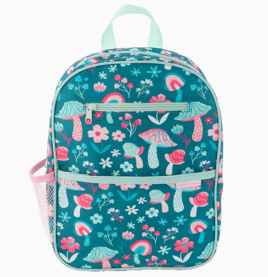 Junior backpack with colorful mushroom and flower pattern, padded straps, and multiple pockets for kids aged 3 to 6 years